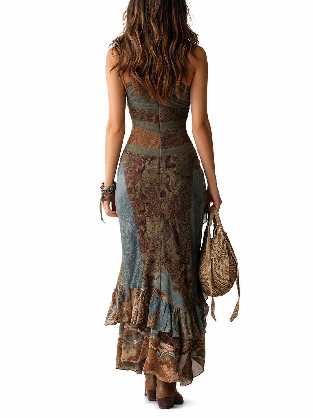 Andrea | Vestido largo de un solo hombro estampado en estilo étnico con gran abertura