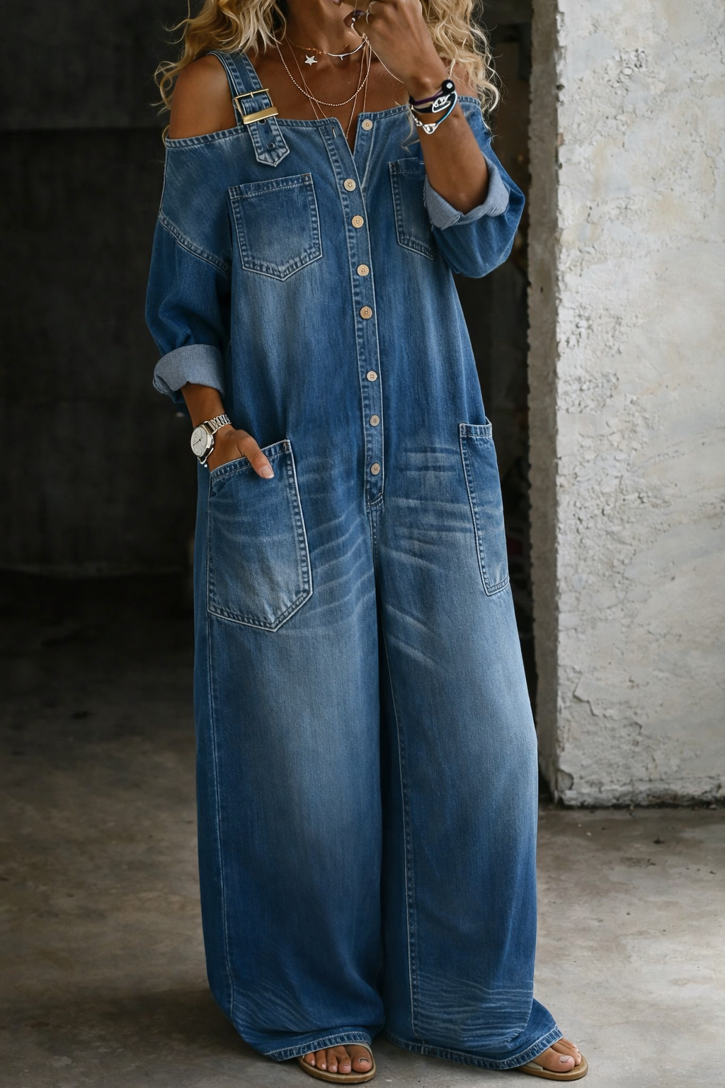 Estefanía | Mono Denim Estampado Hombros Descubiertos