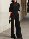 Daniela | Conjunto de tres piezas negro, compuesto por top camisón transparente y pantalones de pierna ancha