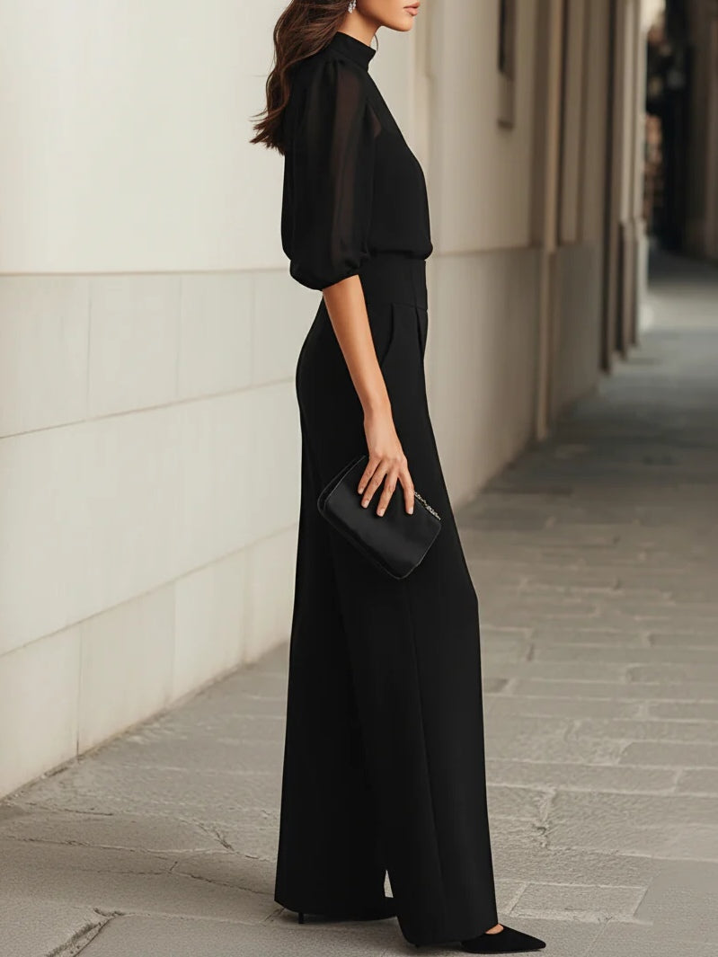 Daniela | Conjunto de tres piezas negro, compuesto por top camisón transparente y pantalones de pierna ancha