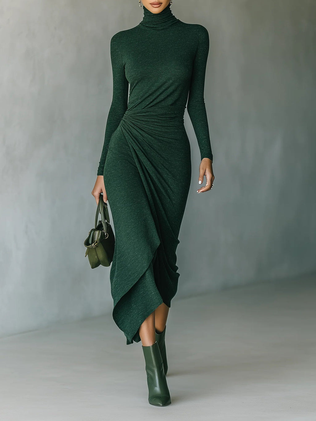 Yolanda | Vestido midi asimétrico con pliegues y cuello alto en verde oscuro