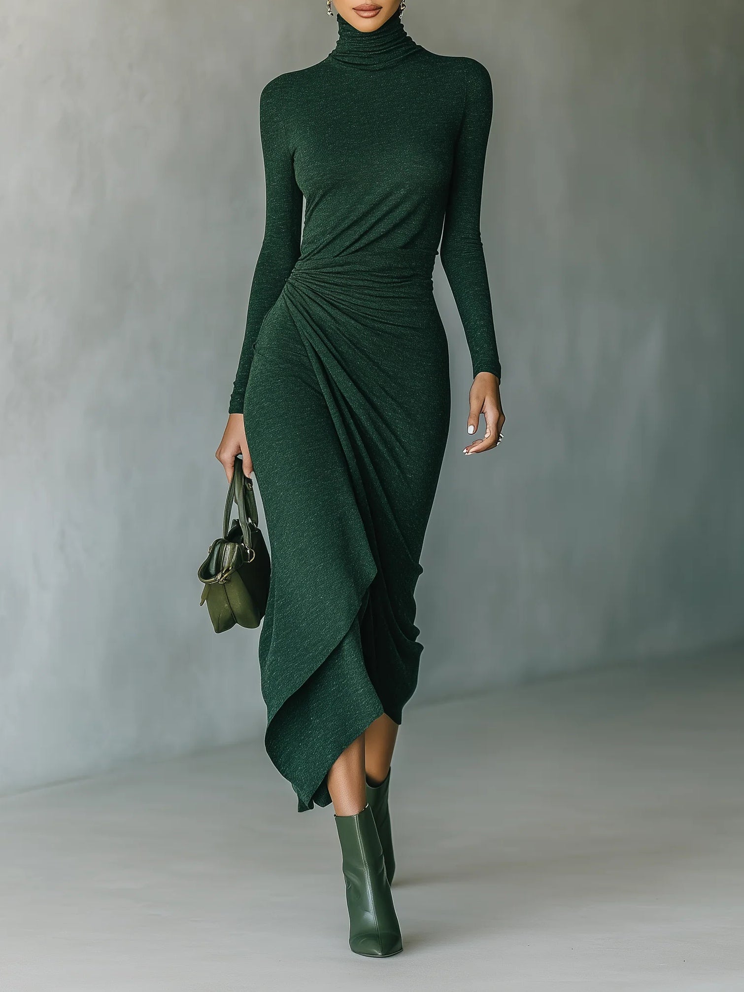 Yolanda | Vestido midi asimétrico con pliegues y cuello alto en verde oscuro