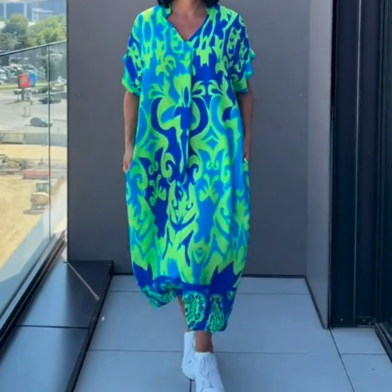 🔥 Letzter Tag! 50% Rabatt Damen Bedrucktes Freizeit-Maxikleid 💙 V-Ausschnitt, locker & bequem für Alltag & Urlaub