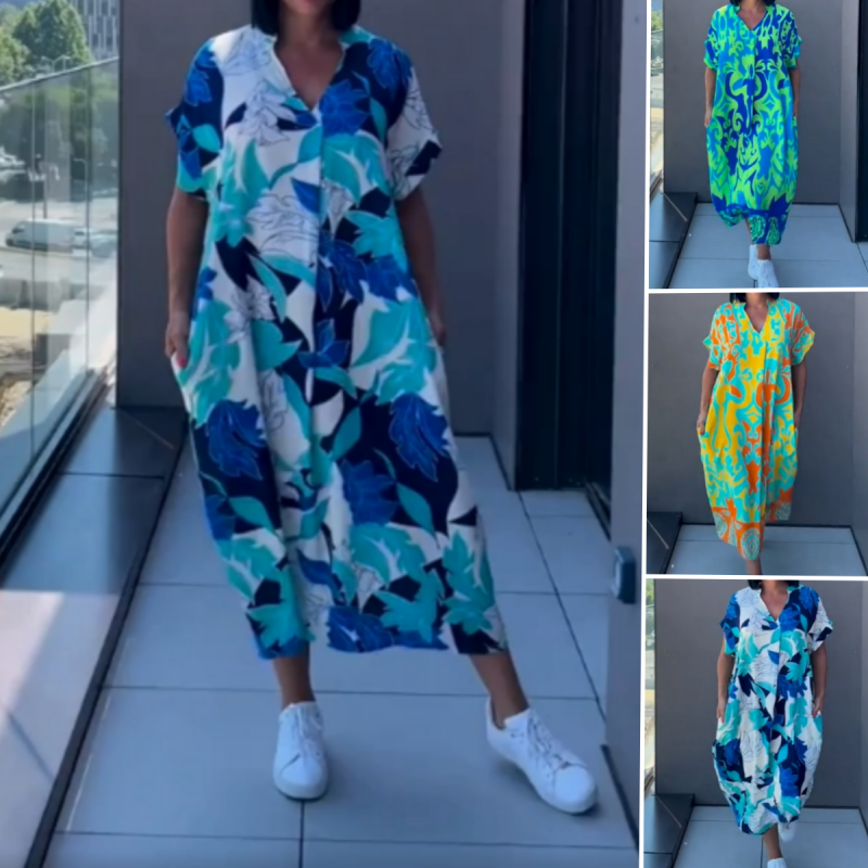 🔥 Letzter Tag! 50% Rabatt Damen Bedrucktes Freizeit-Maxikleid 💙 V-Ausschnitt, locker & bequem für Alltag & Urlaub