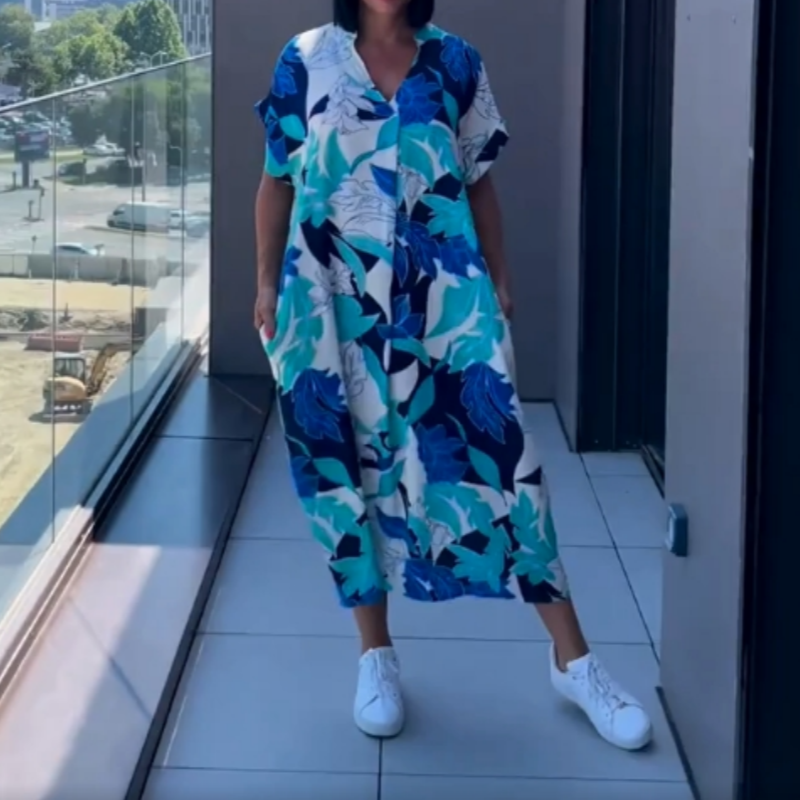 🔥 Letzter Tag! 50% Rabatt Damen Bedrucktes Freizeit-Maxikleid 💙 V-Ausschnitt, locker & bequem für Alltag & Urlaub