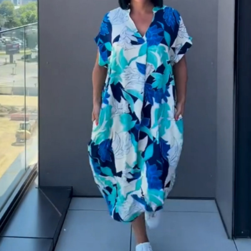 🔥 Letzter Tag! 50% Rabatt Damen Bedrucktes Freizeit-Maxikleid 💙 V-Ausschnitt, locker & bequem für Alltag & Urlaub