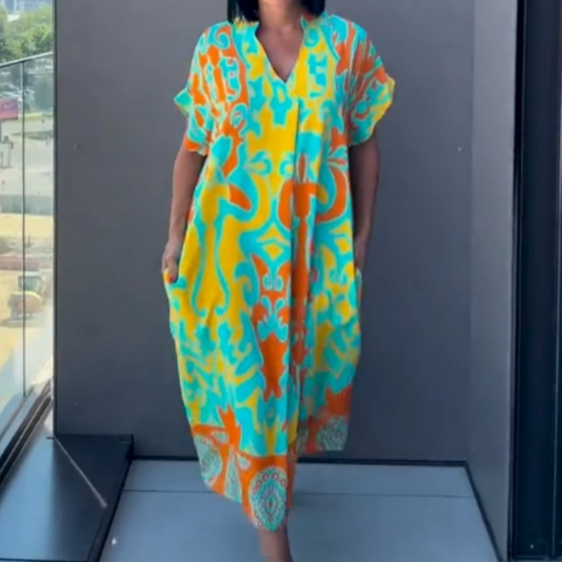 🔥 Letzter Tag! 50% Rabatt Damen Bedrucktes Freizeit-Maxikleid 💙 V-Ausschnitt, locker & bequem für Alltag & Urlaub